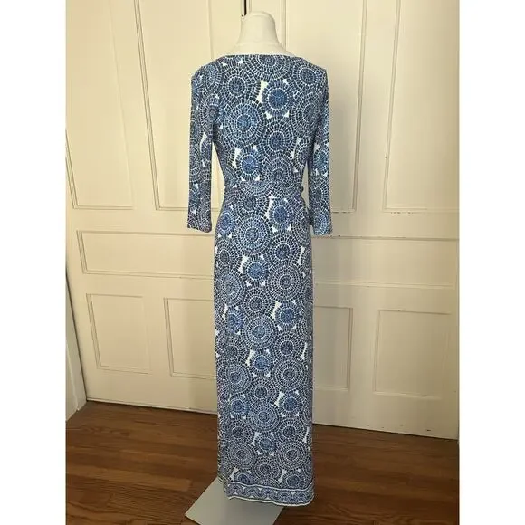 Boston Proper Mosaic Medallion Belted Maxi Dress Womens Size 4 Blue White - Picture 3 of 12